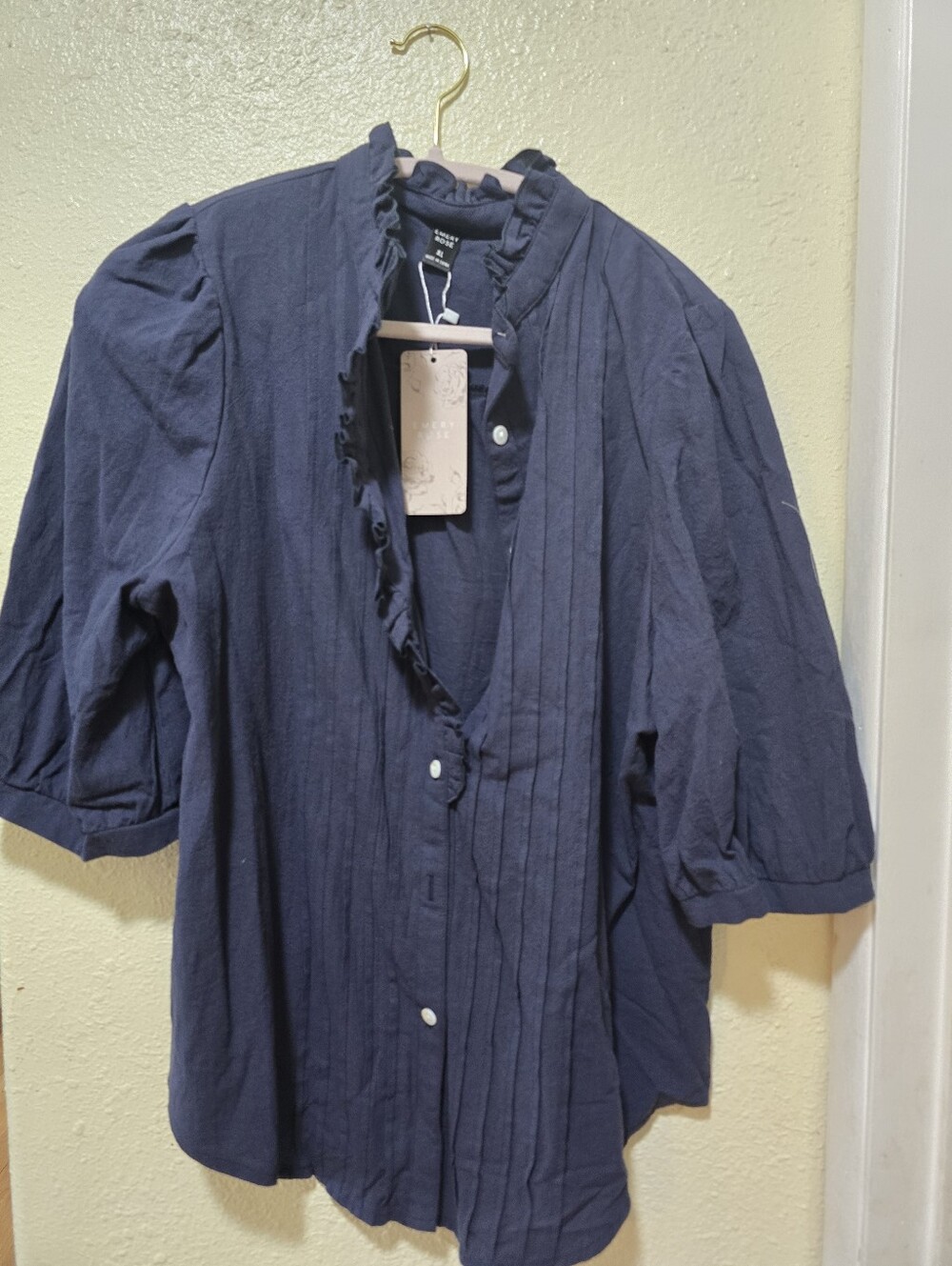 Navy Ruffle-Trim Button Front Blouse